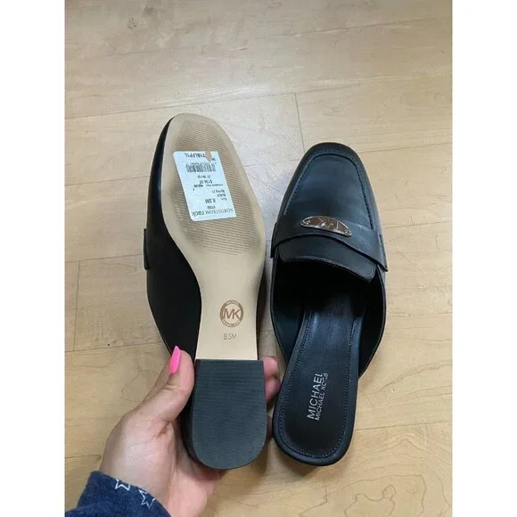 MICHAEL Michael Kors BNWT "Ashley" black logo plate mules women NEW - Picture 7 of 10